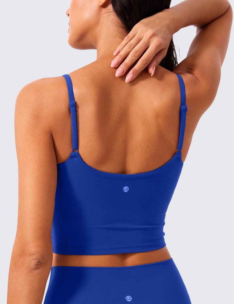 CRZ YOGA Butterlift Adjustable U Back Crop Tank Tops for Women - Padded Camisole Scoop Neck Workout Longline Sports Bras Waves Blue Small