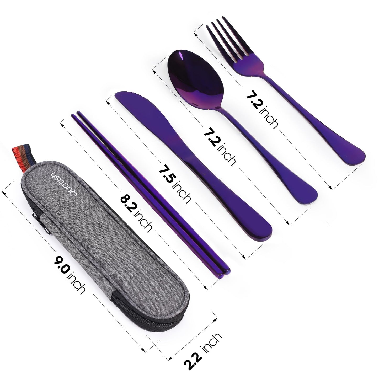 Travel Utensils with Case, Quatish Portable Silverware Set for Work, Stainless Steel Reusable Travel Cutlery Set, Fork and Spoon Set for Camping, EDC Gadgets, Lunch Box for Men, Purple