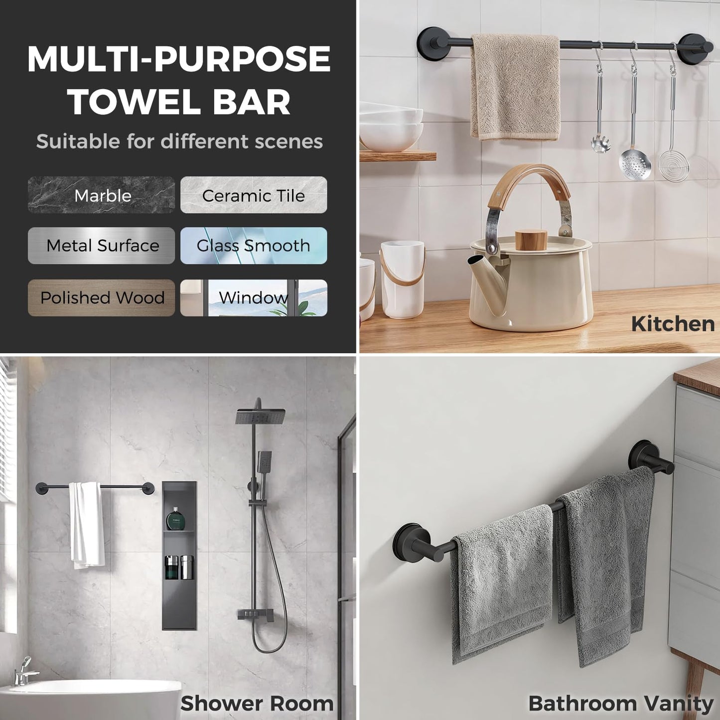 Adjustable Suction Cup Towel Bar for Bathroom Wall,14.6Inch~24 Inch Towel Racks for Bathroom,Stainless Steel Bath Towel Holder for Shower(Matte Black)