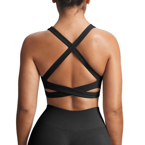 Aoxjox Women's Workout Sports Bras Square Neck Emma Longline Cross Back High Impact Fitness Training Gym Yoga Crop Tank (Black, Small)