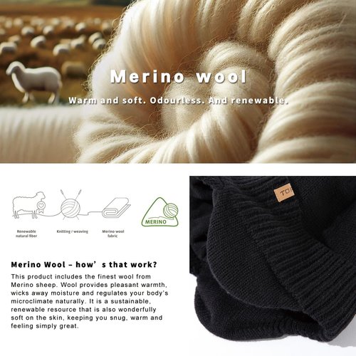 TOP-EX Waterproof Merino Wool Visor Brimed Beanie with Ear Warmers Mens Large Winter Hat Warm Fleece Lined for Cold Weather Ski Black M/L