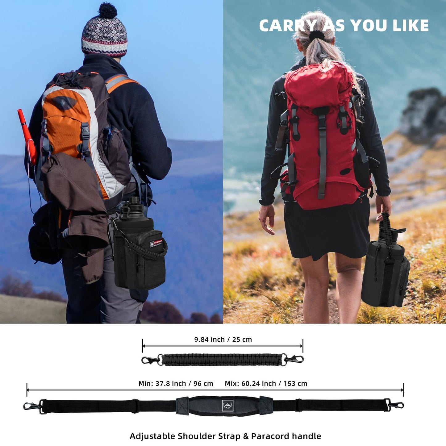 NATURE PIONEOR Water Bottle Holder with Adjustable Strap - Half/One Gallon (64/128oz) Insulated Water Bottle Sling Carrier with Phone Pocket & Paracord Handle, Outdoor Camping, Hiking, Gym
