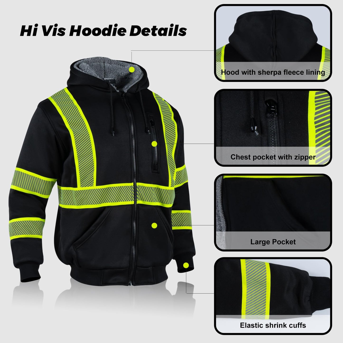 Drizomo High Visibility Sherpa Fleece Hoodie for Men Safety Reflective Sweatshirt ANSI Class 1 Hi Vis Jacket with Zipper(Black,XL)