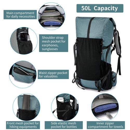 Hiking Backpack,40L to 50L Extra Large Capacity Hiking Bag,Internal Frame Camping Backpack,Upgraded X-PAC Lightweight Sport Daypack Travel Backpack Fit For Mountain Climbing Camping(Grey Green)