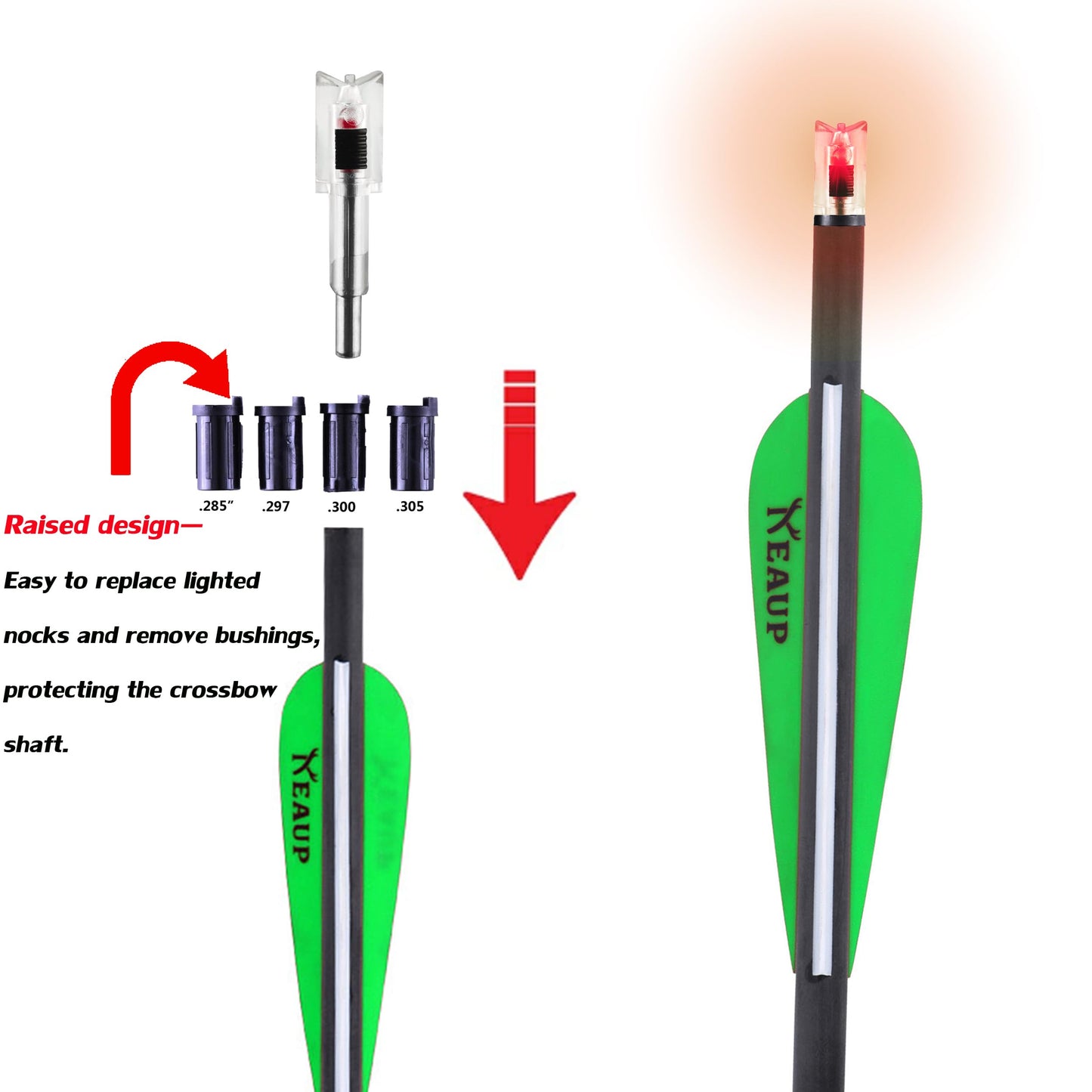 KEAUP 6/3 Pack Lighted Nocks for Crossbow Bolts with .285”/.297”/.300”/.305” Bushings High-Visibility Crossbow Lighted Nocks, On/Off Switch Included