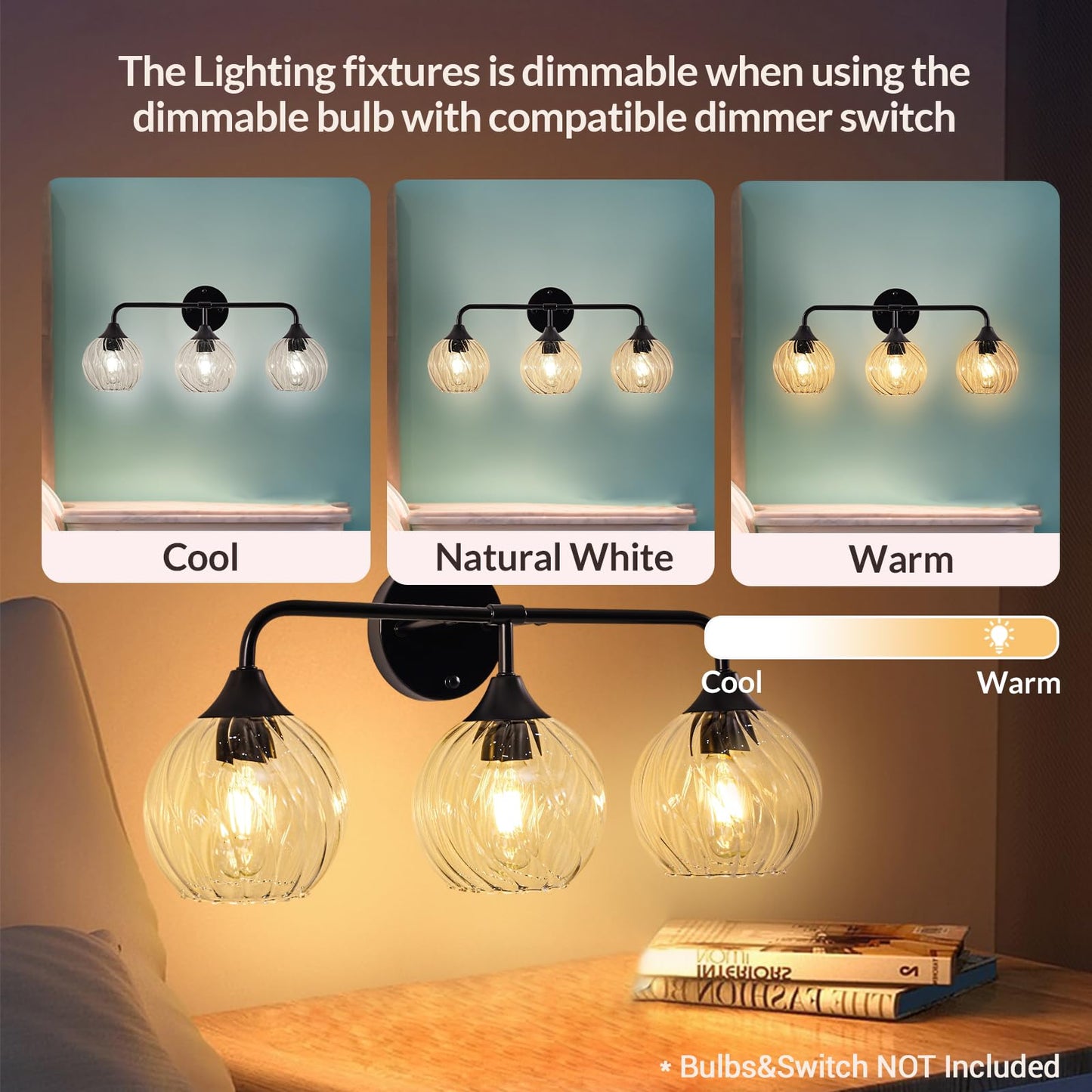 ANDY STAR 3-Light Matte Black Bathroom Vanity Light, 22” Modern Wall Sconce with Clear Spiral Glass Shades, Anti-Rust Metal Lighting Fixture for Bathroom Mirror, Powder Room, E26 Base