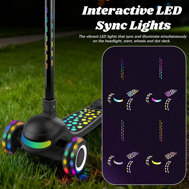 Light Up 3 Wheel Kick Scooter for Kids Toddlers with LED Sync Lights, Flashing Stem & Wide Polka Dot Deck Adjustable Height Music Function Safe Sturdy Folding Scooter for Kids (Black)