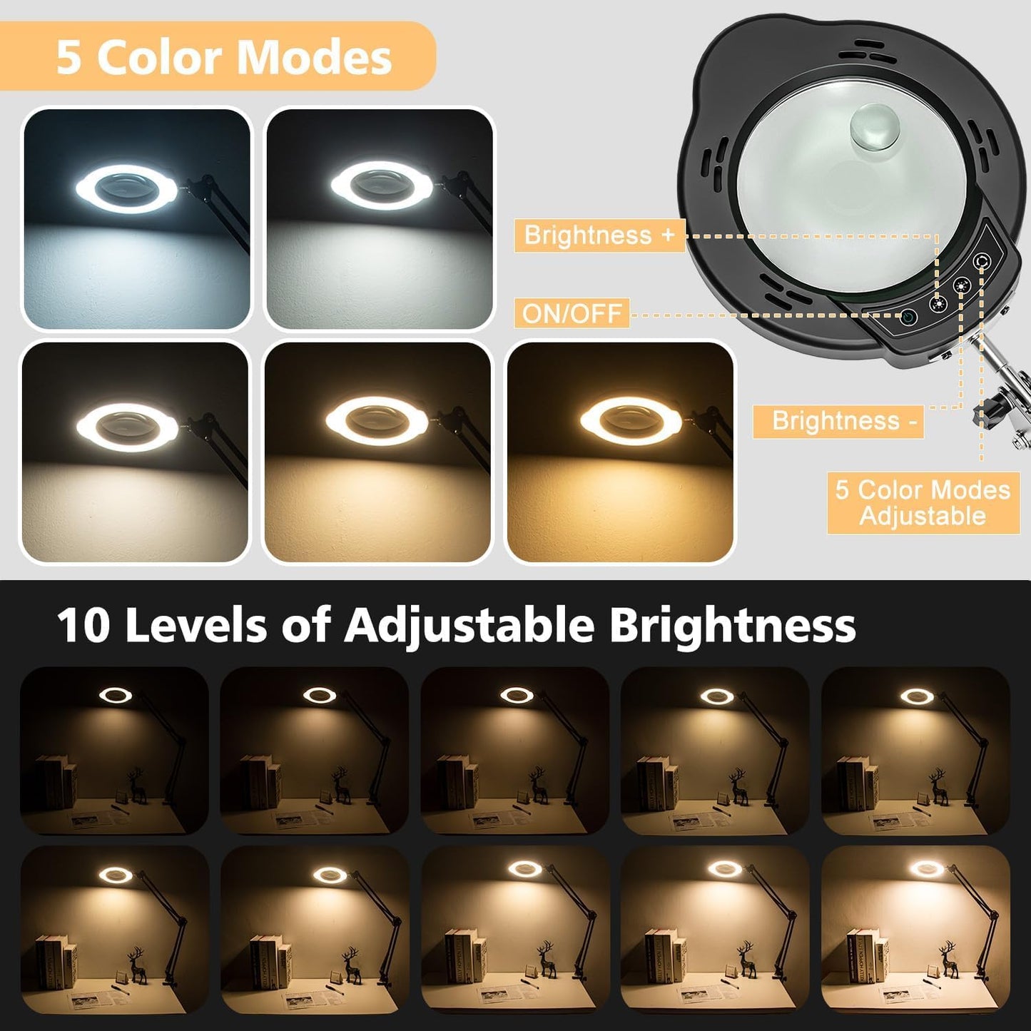 Magnifying Glass with Light and Clamp, 15X 10X Desk Magnifying Lamp, 84 LED Real Glass Lens Magnifier, 5 Color Modes Stepless Dimmable, Adjustable Hands Free Table Lamp for Repair Crafts Hobby Sewing