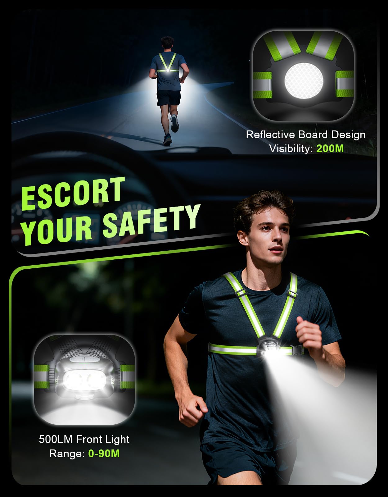 Niweya Running Lights for Runners, 500LM 1800mAh Rechargeable Running Light with 7 Modes & 45° Adjustable Beam, IPX4 Waterproof 360° Light up Gear, Reflective Vest for Night Walking/Jogging/Hiking