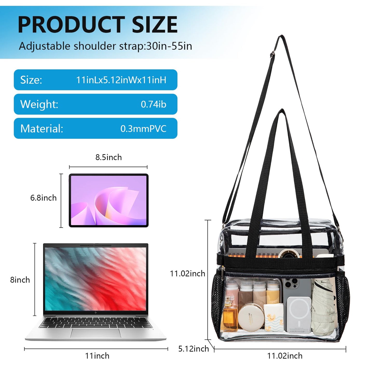 LERASO Clear PVC Transparent Tote Bag, Heavy Duty Waterproof Clear Crossbody Bag Stadium Approved with Adjustable Removable Strap for Concerts, Sports, Work, Beach & Daily Use,Black