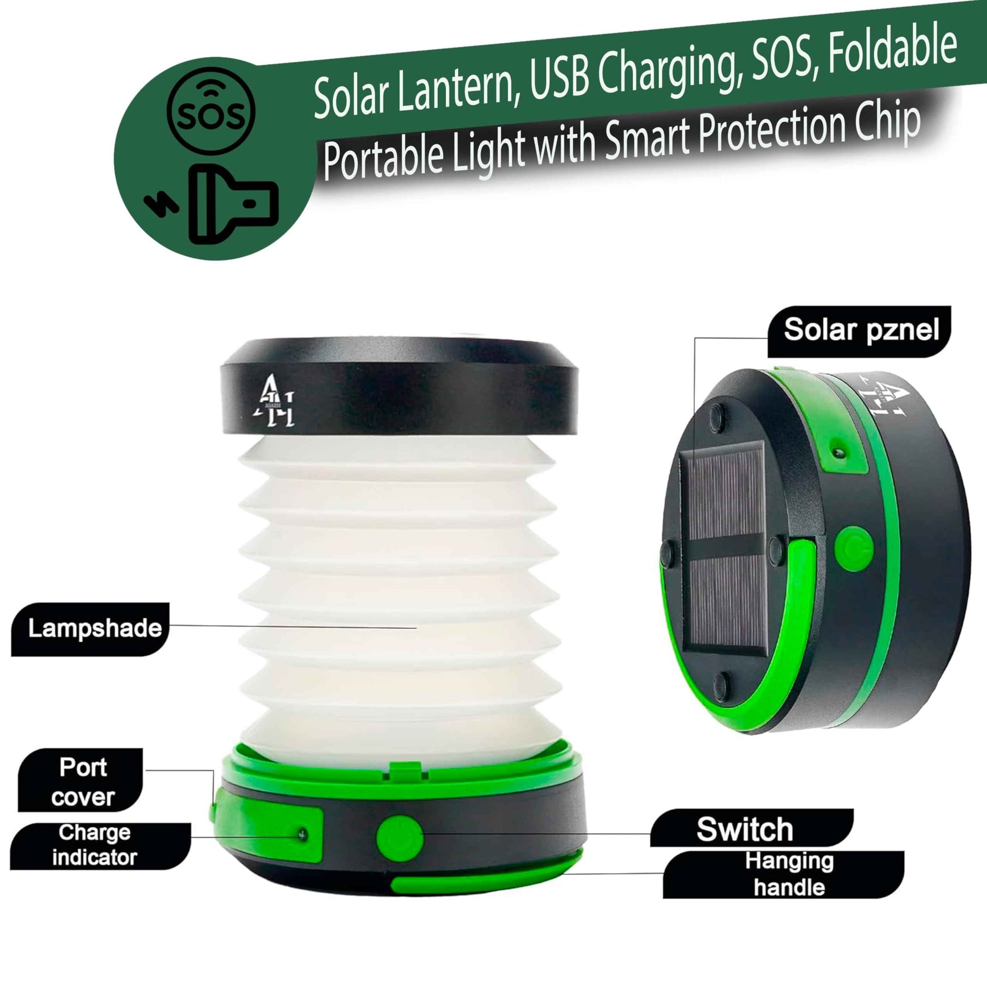Asaeh Solar Camping Lantern - LED Lanterns for Power Outages, Camping Lights, Emergency Flashlight - Collapsible Lamp, Rechargeable W/ Solar or Plug