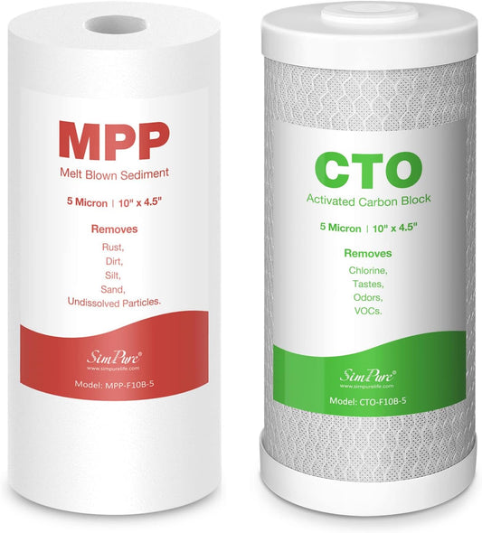 2-Pack SimPure 10" x 4.5" Whole House Water Filter Cartridges - 5 Micron Sediment & Carbon for GE FXHTC, GXWH40L, WGB21B