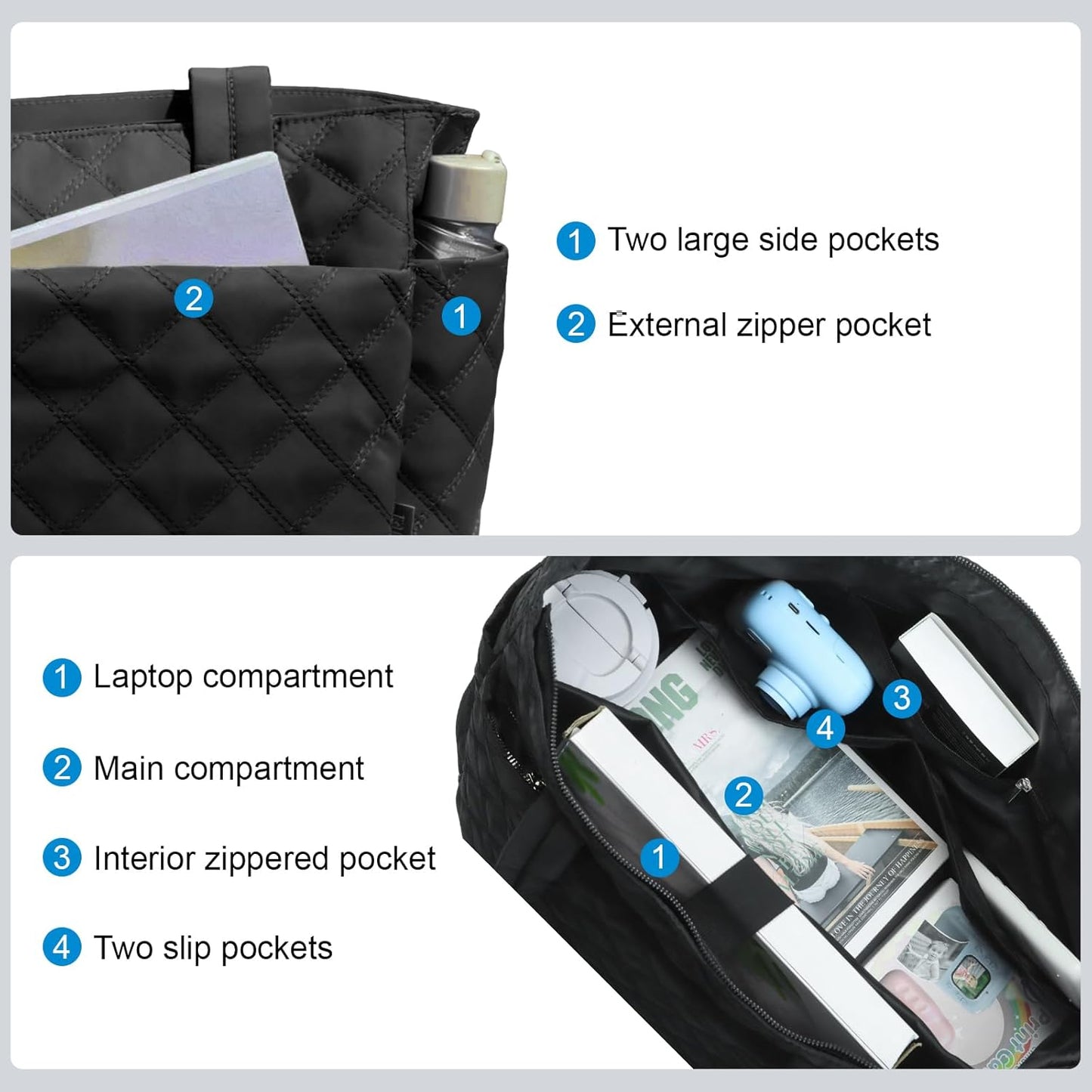 Skiennix Tote Bag for Women - Lightweight Quilted Handbag with Zippered Compartments | Perfect for Work, Travel, Gym