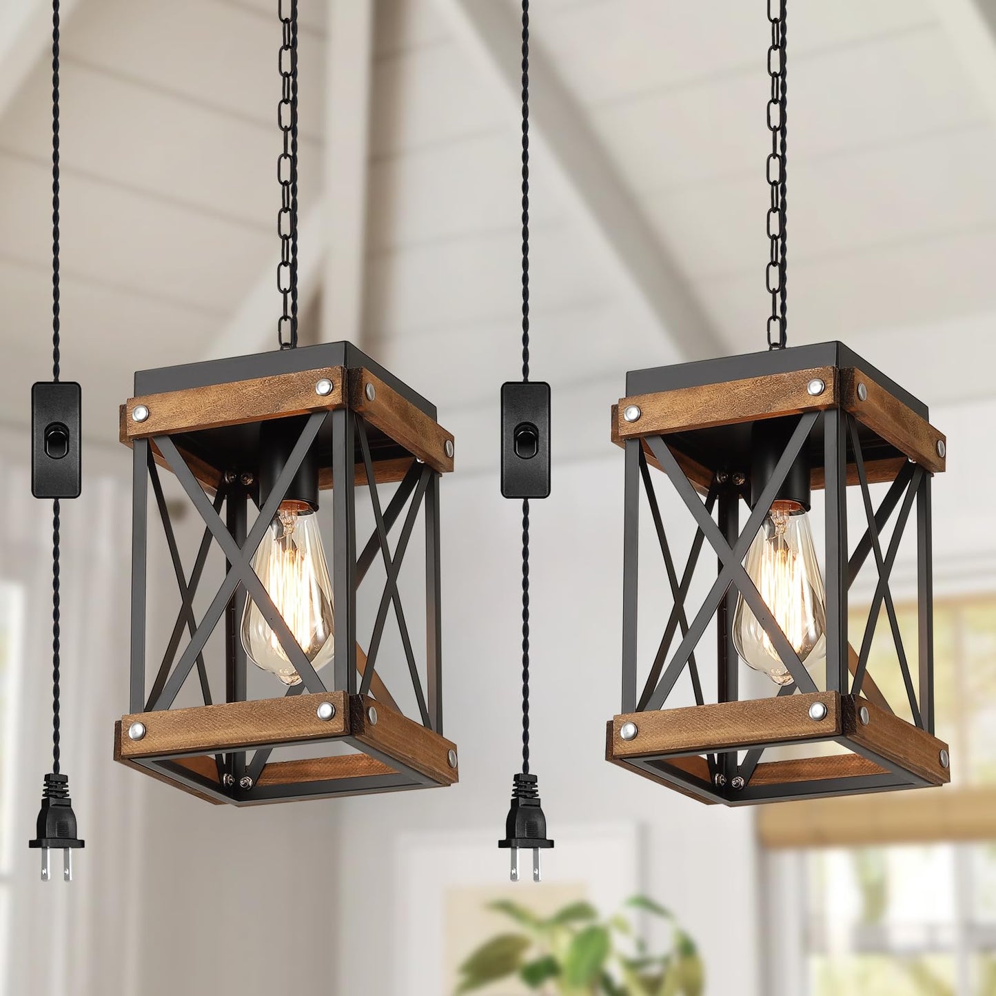 2 Pack Rustic Farmhouse Plug in Pendant Light Fixture with Adjustable Chain, Oak Wood and Metal Lantern Cage Mini Hanging Lamp for Kitchen Island Living Room Hallway Farmhouse Bar, Black