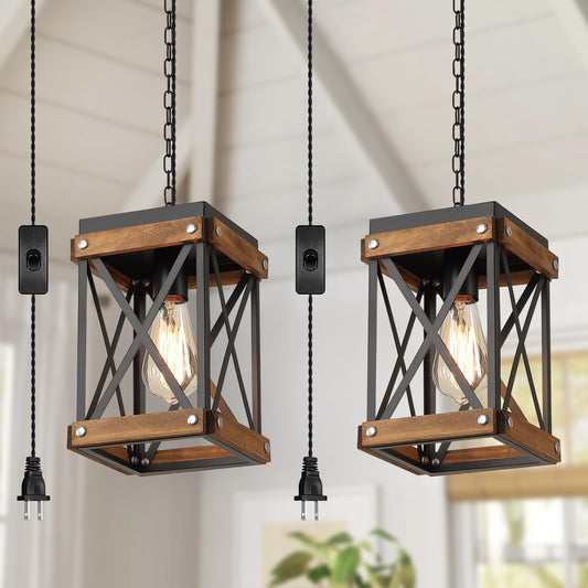 2 Pack Rustic Farmhouse Plug in Pendant Light Fixture with Adjustable Chain, Oak Wood and Metal Lantern Cage Mini Hanging Lamp for Kitchen Island Living Room Hallway Farmhouse Bar, Black