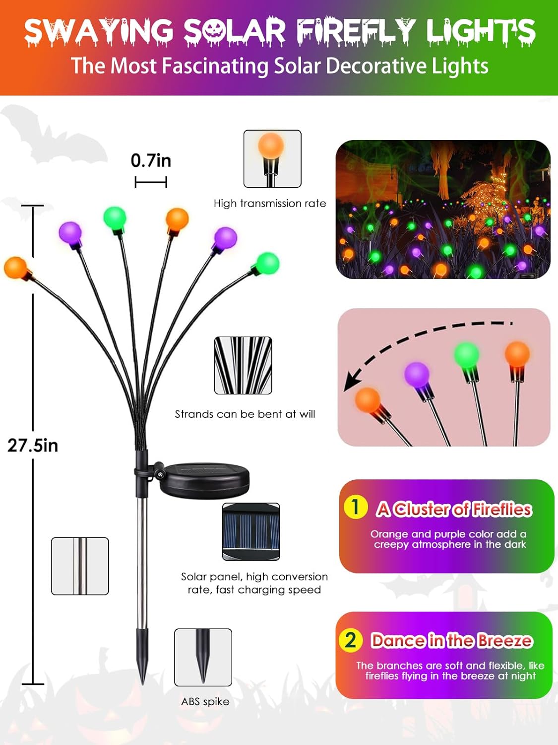 Solar Halloween Pathway Lights - 6 Pack Waterproof Firefly Decor in Orange, Purple & Green