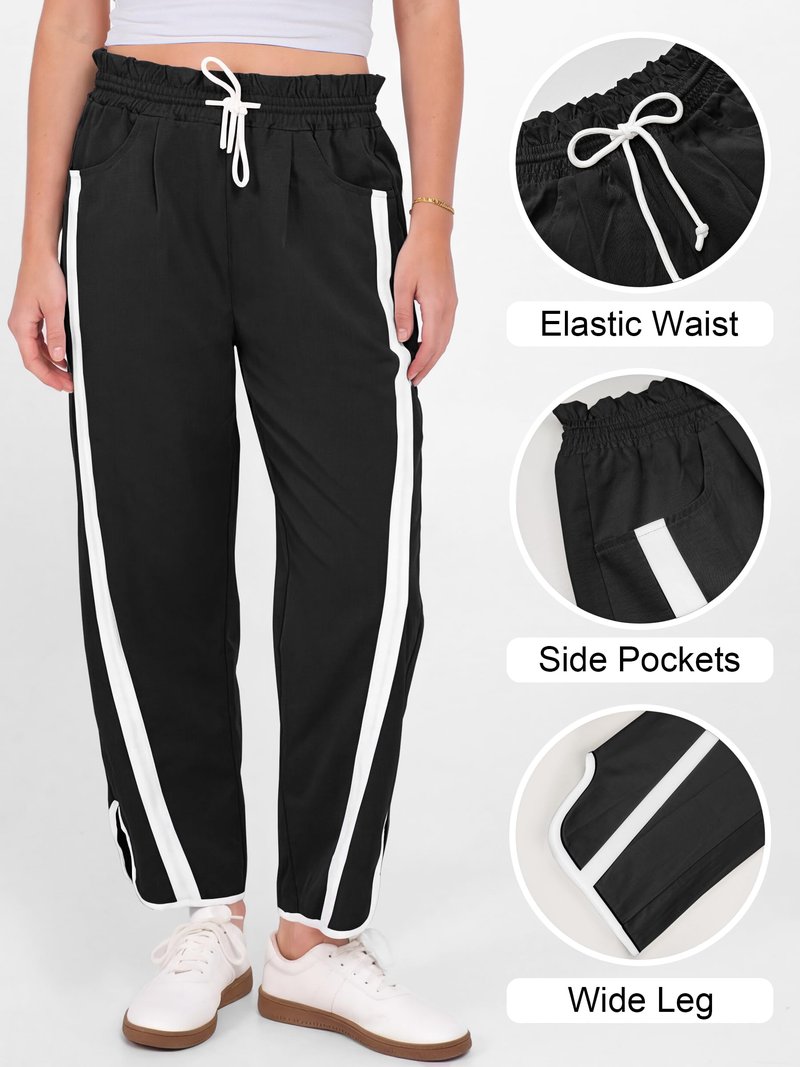 ANRABESS Women Track Pants Casual Drawstring Waist Lightweight Baggy Contrast Color Workout Barrel Leg Pants with Pockets Black Medium