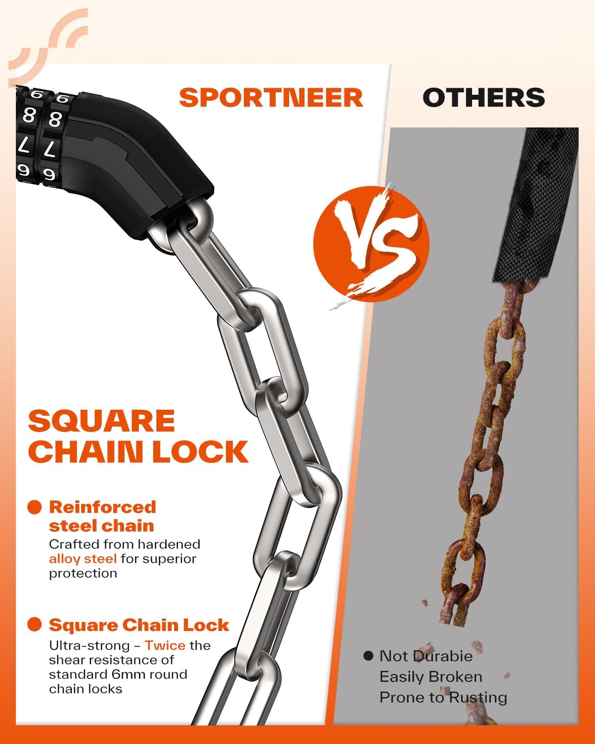 Sportneer Bike Chain Lock - Heavy-Duty 5-Digit Resettable Anti-Theft Lock | 3.2ft Length, 6mm Thick