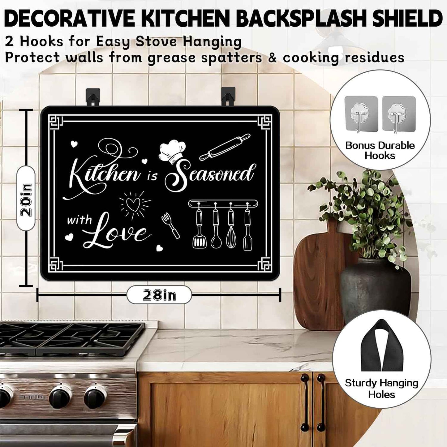 Black Stove Cover, Kitchen is Seasoned with Love Heat Resistant Glass Top Stove Cover Protector 28x20 inch, Cooktop Cover for Kitchen, Ceramic Stove Top Dish Drying Mats