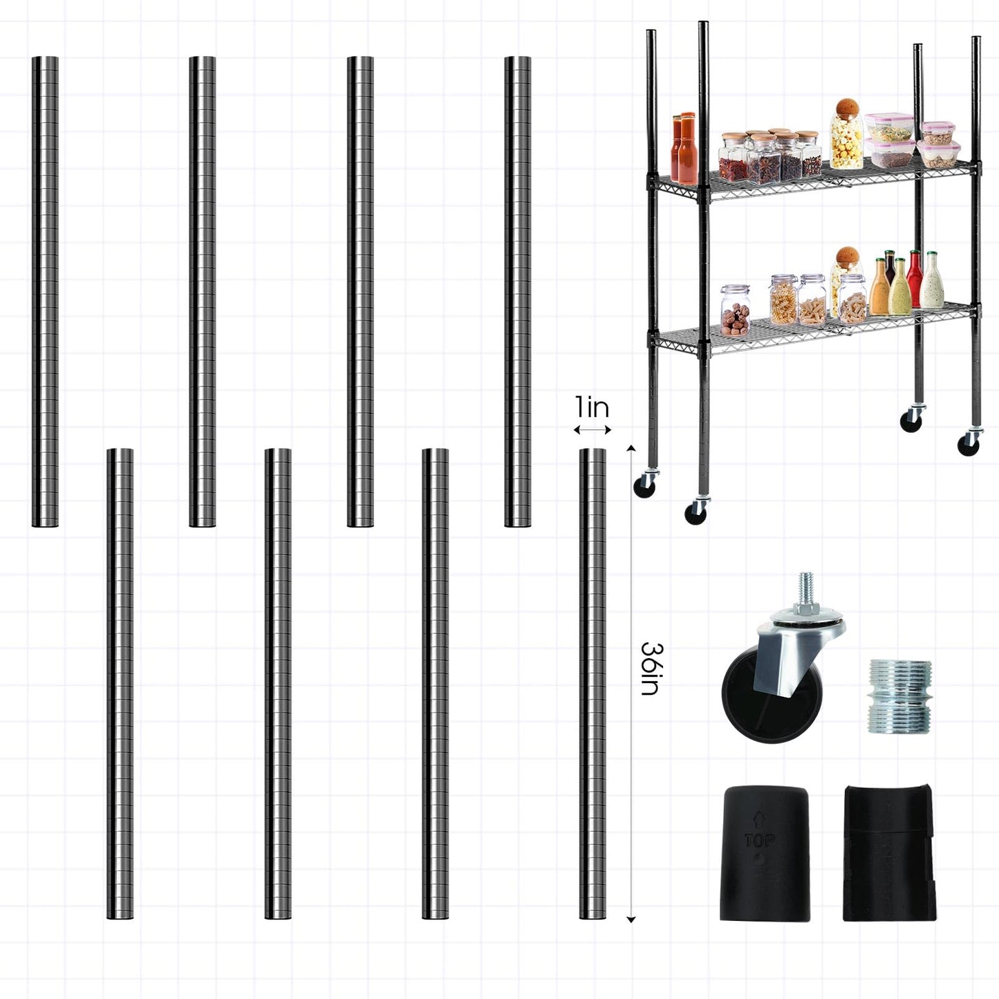 Yaocom Set of 4 Wire Shelving Poles with 50 Pcs Plastic Shelf Clips Chrome Posts with Caster Wheels Parts for 1 Post Rack Accessories Replacement(Black,74 Inch)