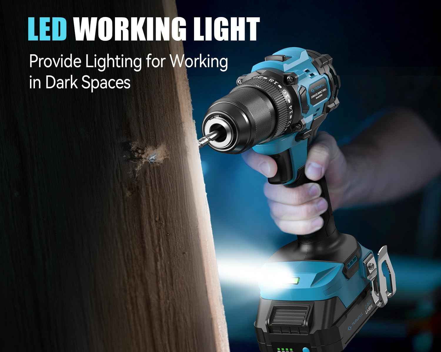 Tilswall 20V Cordless Drill, Power Drill with 65N.m High Torque, 18+1 Torque Settings, 1/2-Inch Keyless Chuck, Two Variable Speed, Battery and Charger, with LED for Craftsmen DIY