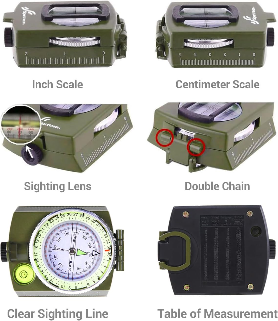 Sportneer Multifunctional Compass - Army Green & Black with Inclinometer for Camping & Hiking