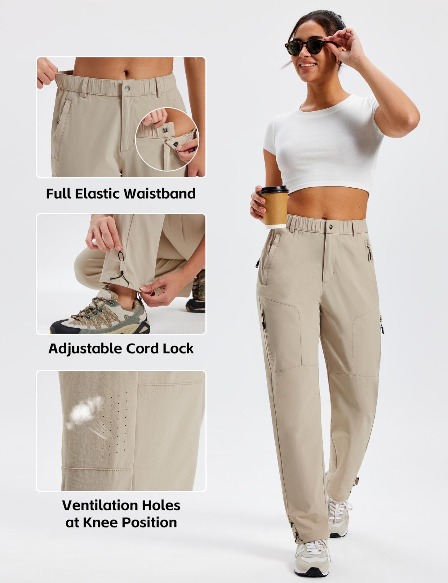 MoFiz Women's Hiking Cargo Pants Lightweight Quick Dry UPF 50 Water Resistant Fishing Camping Travel Pant with 5 Pockets Khaki M