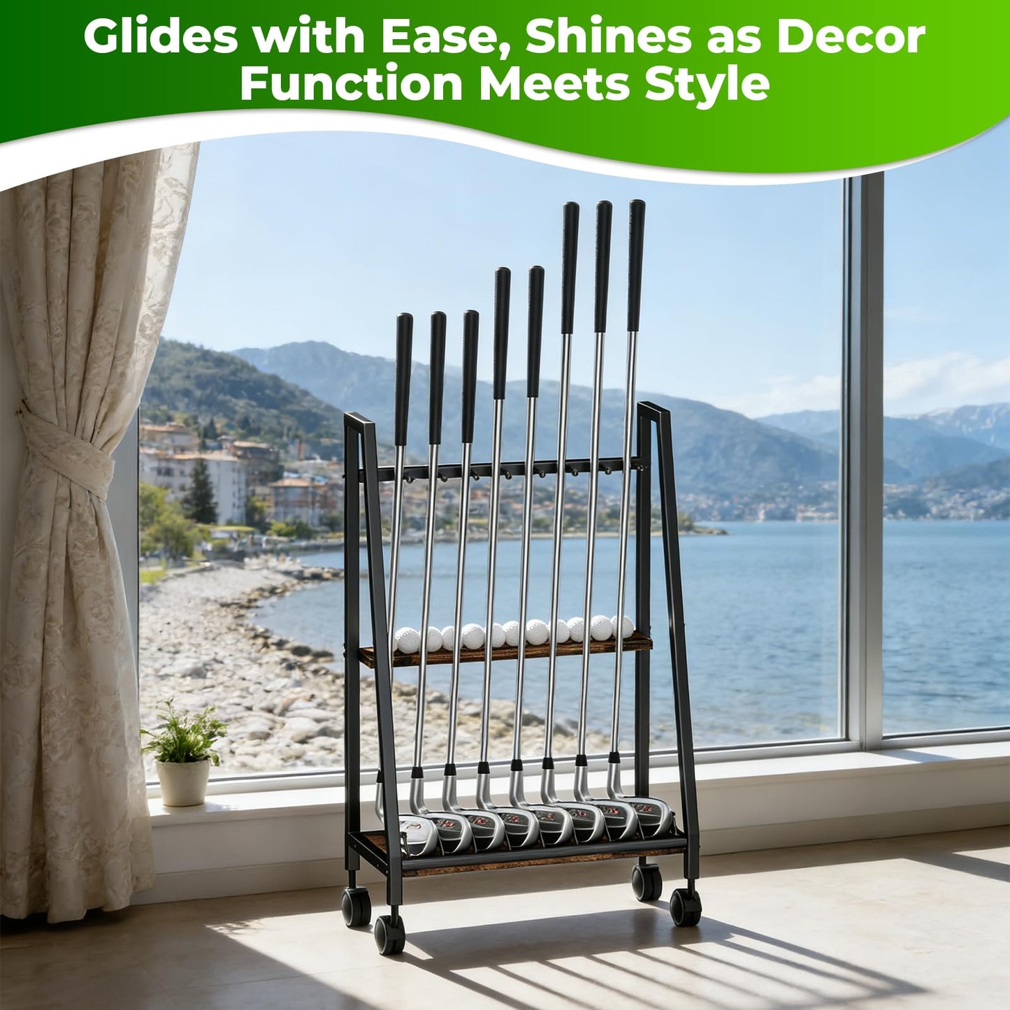 DEMEGA Golf Club Stand with Wheels, 8 Golf Club Holder & 9 Ball Rack, Matte Black Iron & Natural Wood Board Golf Club Organizer, Portable Golf Storage Rack for Garage Home Office Indoor Display