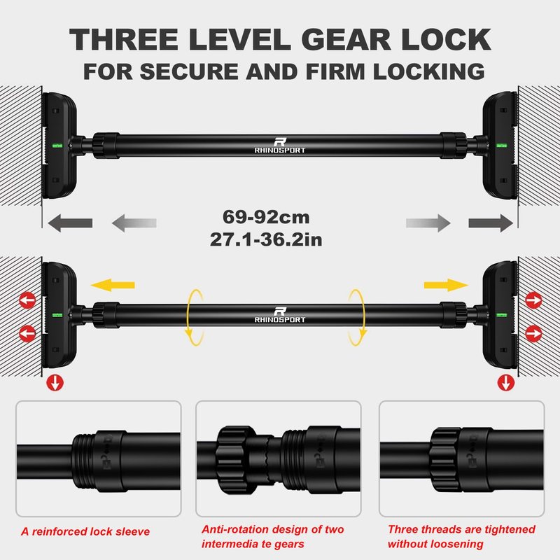 RHINOSPORT Door Pull Up Bar Doorway No-Screw from 69-92 cm (27.1in-36.2in) Workout Equipment for Home Gym Upper Body Workout Non-slip 2x EXTRA Foam Padding for Ultimate Door Frame Protection