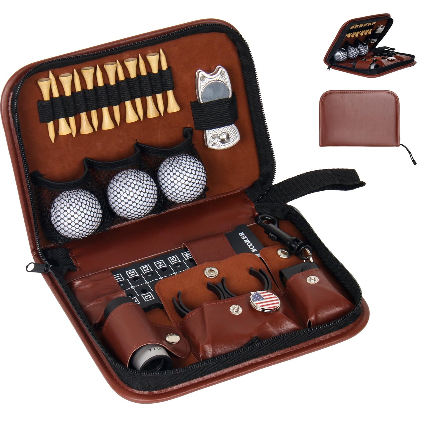 LEXICHER Golf Accessories Kit, Golf Stuff Set with Leather Case, Golf Balls, Golf Tees, Golf Brushes, Rangefinder, Scorer, Ball Marker, Golf Clips, Golf Divot Tool, Golf Gifts for Men Women Golfers