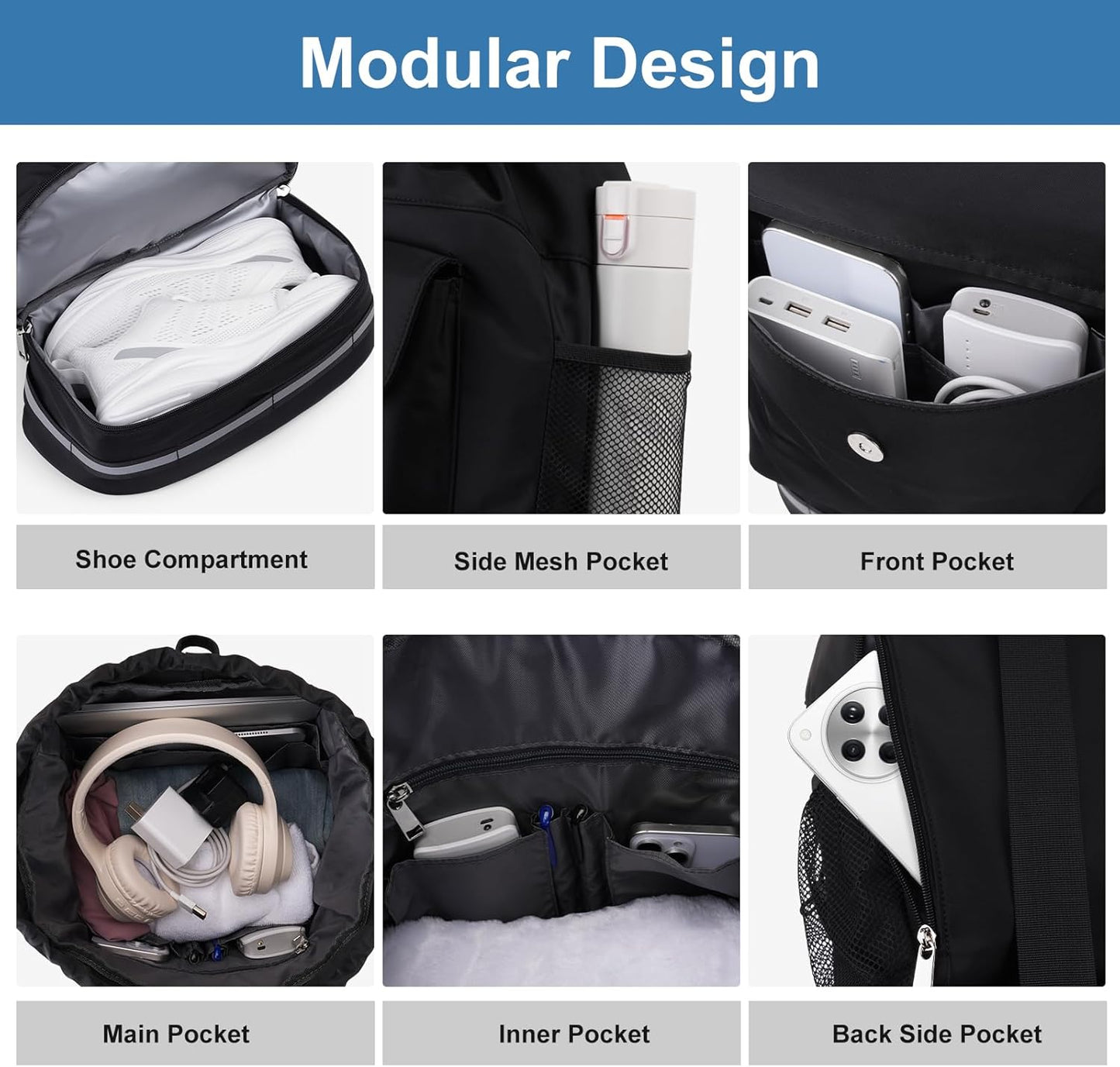MOSISO Gym Bag - Sports Drawstring Backpack with Shoe Compartment & Front Pocket | Black Fitness Duffle for Travel and Yoga