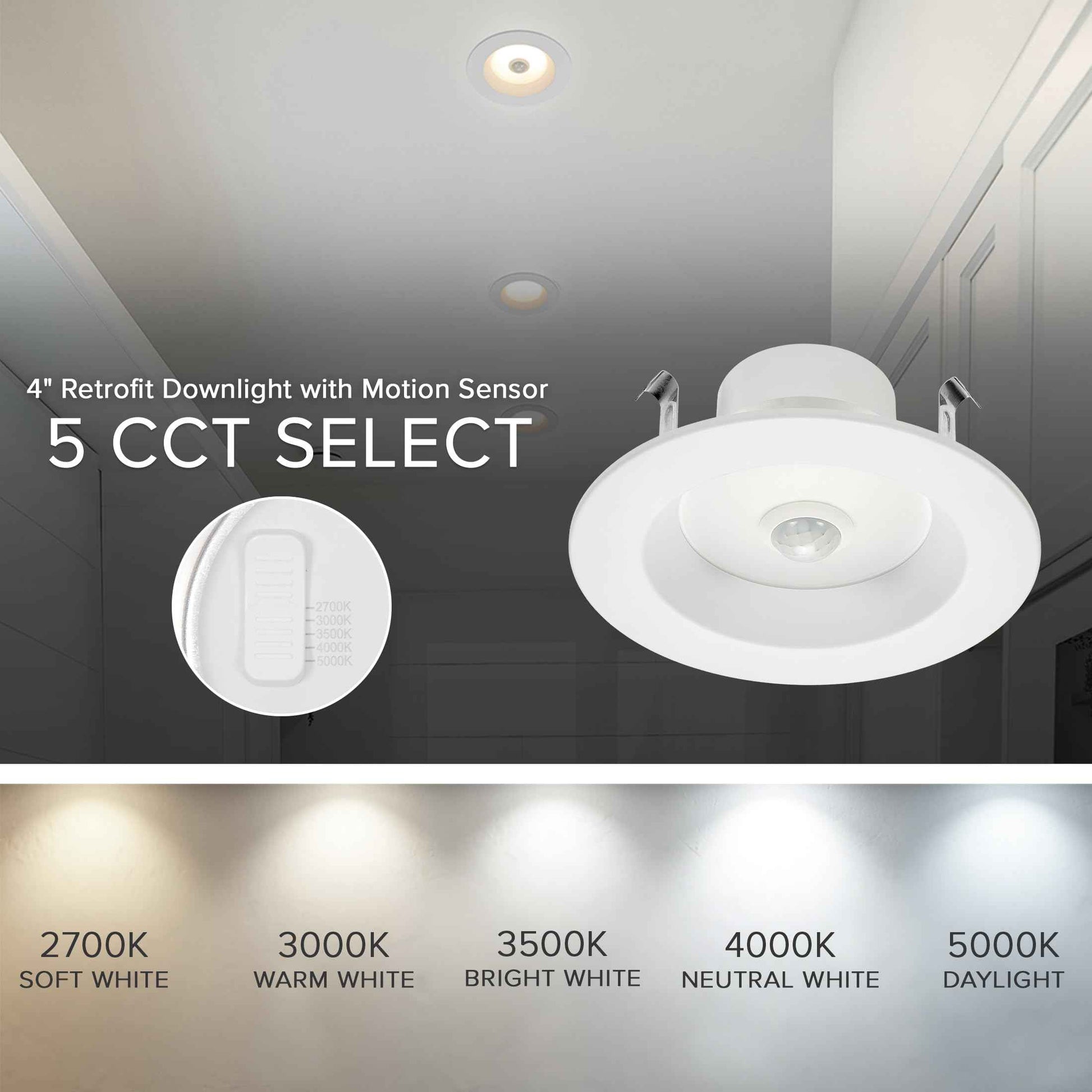 Maxxima 4 in. Retrofit LED PIR Motion Sensor Downlight - 1000 Lumens, 9 Watts, 5 CCT 2700K/3000K/3500K/4000K/5000K, Energy Efficient Indoor Ceiling Lighting Fixture