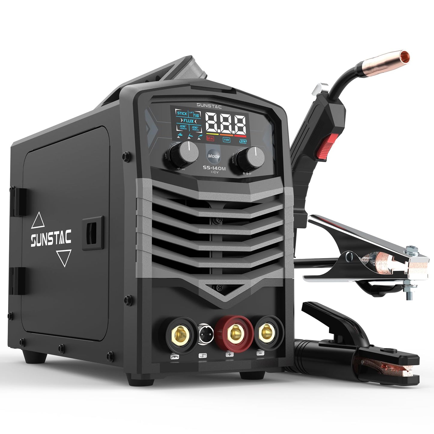 Sunstac 140Amp MIG Welder, 110V Flux Core MIG Welder/Lift TIG/Stick 3 in 1 Welding Machine with Synergic Control and IGBT Inverter, Portable Gasless MIG Welder with Intelligent LCD Display
