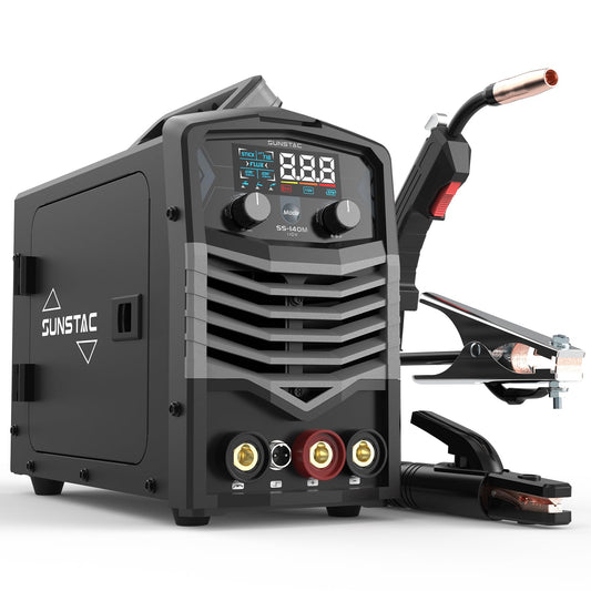 Sunstac 140Amp MIG Welder, 110V Flux Core MIG Welder/Lift TIG/Stick 3 in 1 Welding Machine with Synergic Control and IGBT Inverter, Portable Gasless MIG Welder with Intelligent LCD Display