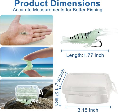 Keenjorika Glow in the Dark Shrimp Lure - Realistic 1.8" Night Fishing Bait for Bass, Trout & More