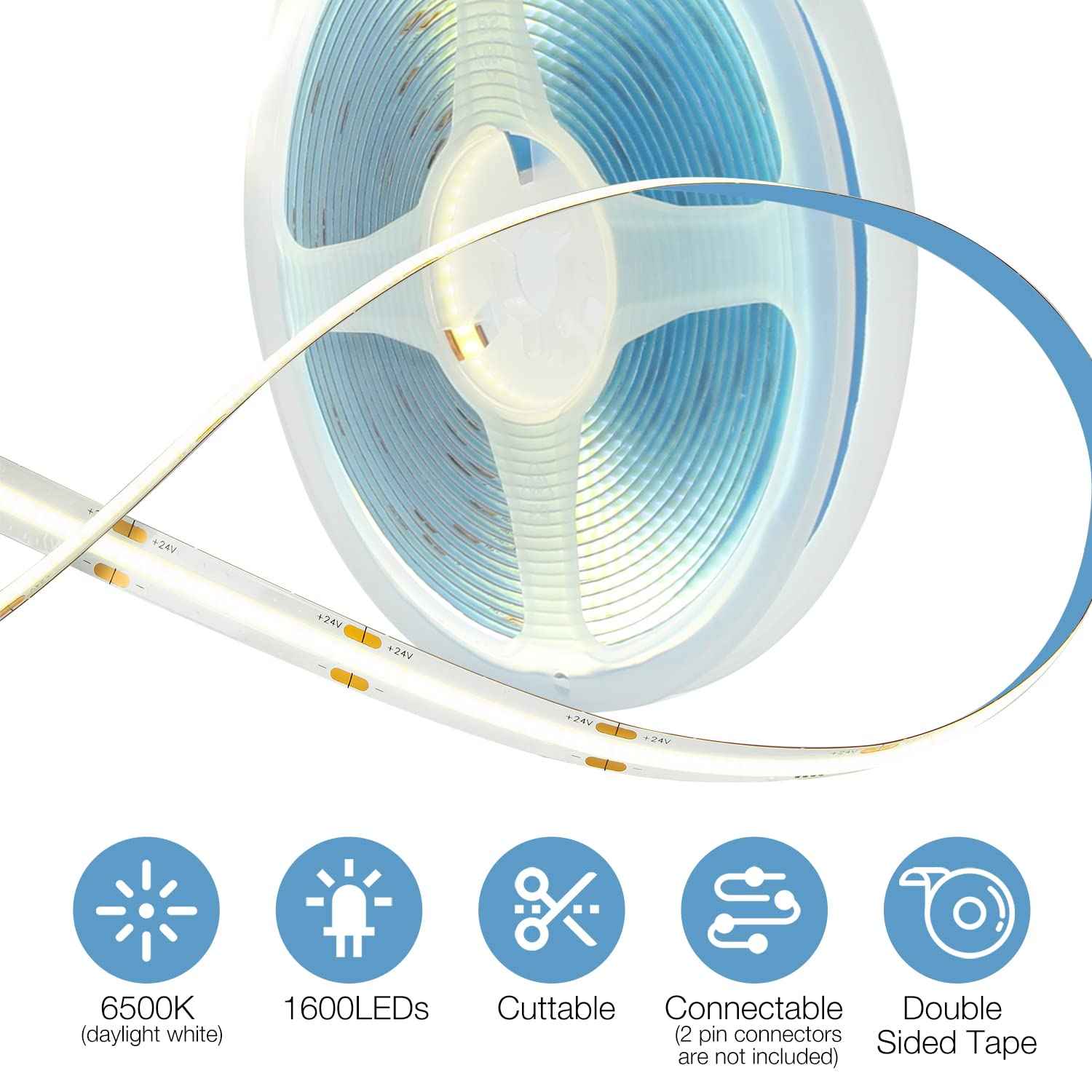 DAYBETTER COB LED Strip, 16.4 ft White LED Strip Lights, Dimmable LED Light Strip 6500K Bright Daylight White, 24V, 1600LEDs, 2835 Flexible LED Tape Light for TV, Bedroom, Kitchen Cabinet, Closet