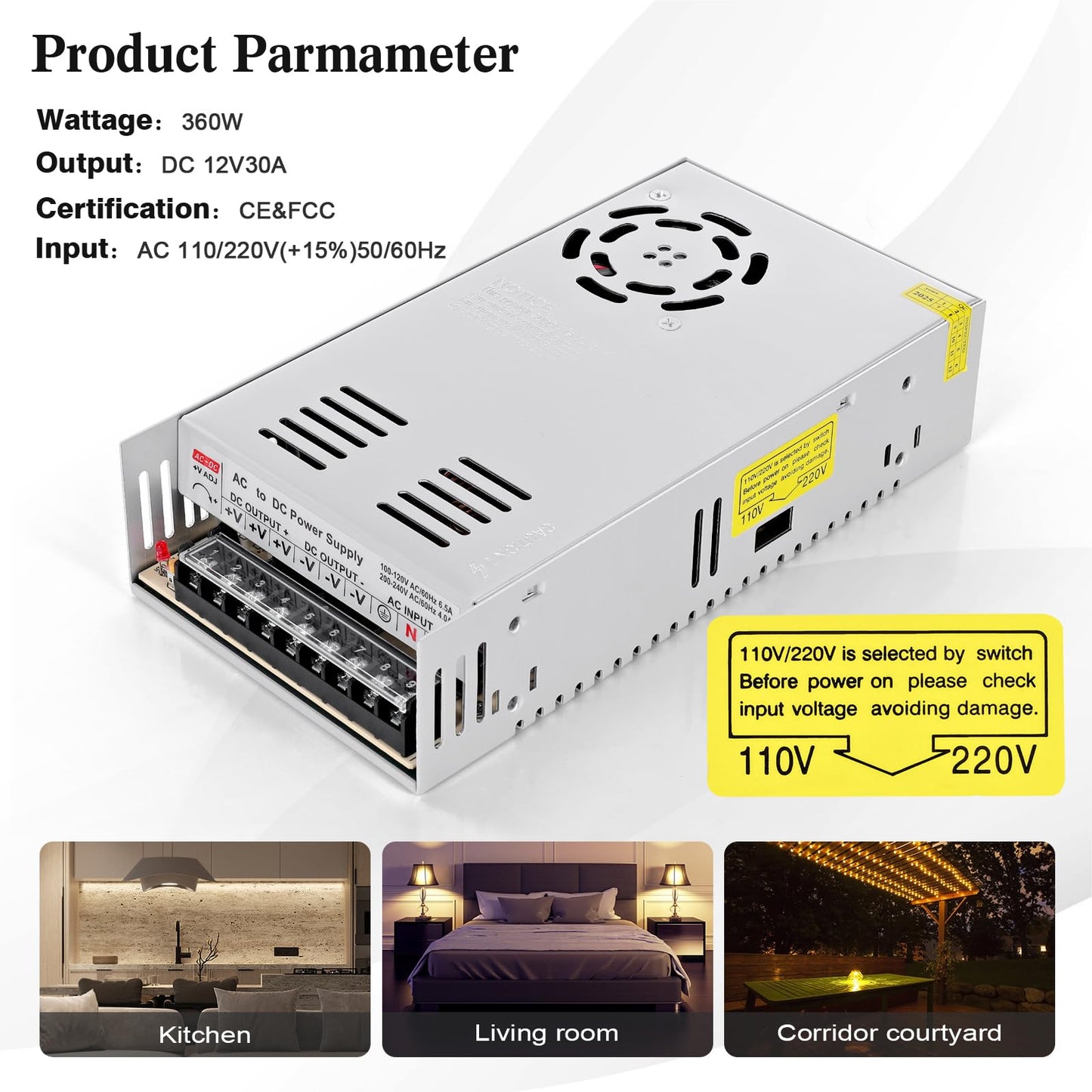 Taormey 12V 30A 360W Switching Power Supply, AC 110V/220V to DC 12V 30A Converter Universal Regulated Transformer Driver Adapter for LED Strips, CCTV Camera, 3D Printer, Industrial Equipment, Radio