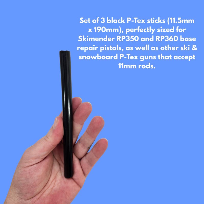 P-Tex Ski Repair Sticks – 3 Black 11mm Replacement P-Tex Rods for Skimender RP350 & RP360 Base Repair Guns – Ski & Snowboard Base Repair Kit (11.5mm x 190mm)