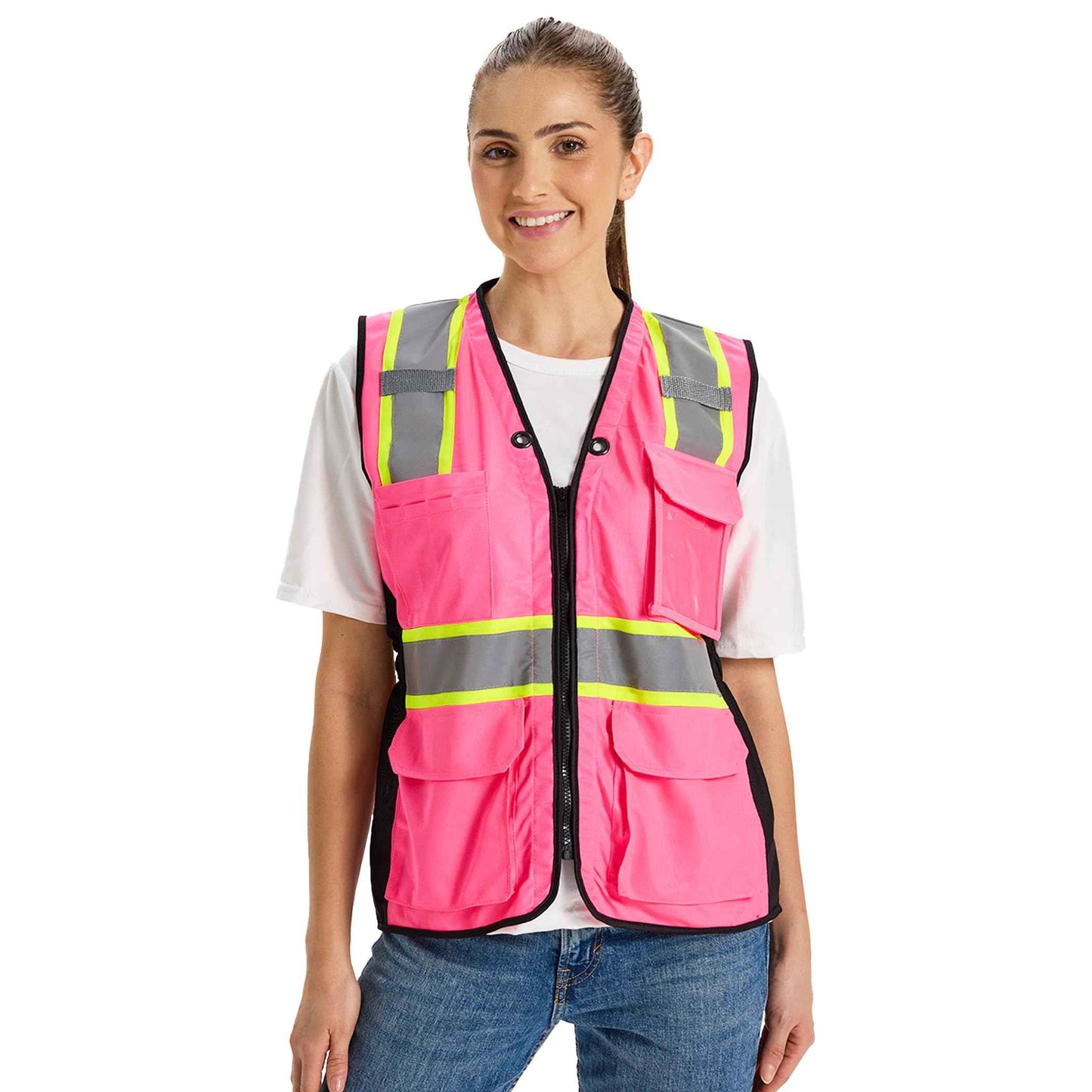 Hi Vis Safety Vest for Women,Working Drawstring waist Construction Vest with Pockets and Zipper,Womens Safety Vest,ANSI Type R Class2
