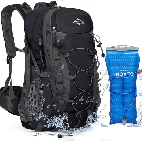 INOXTO lightweight Hiking Backpack 35L/40L Hiking Daypack with Waterproof Rain Cover for Travel Camping Outdoor Men and Women (35L Black with 3L bladder)