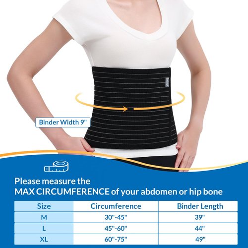 Abdominal Binder Post Surgery - Premium Belly Band for Stomach Support & Compression - Promote Recovery for Postpartum, Hysterectomy, Tummy Tuck, Hernia - Durable No-Fray Belly Wrap Waist Band (Size M, 9" High, Black)