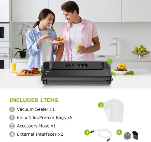 Bonsenkitchen Vacuum Sealer Machine - Compact Food Sealer for Meal Prep & Storage | 5 Bags, Black