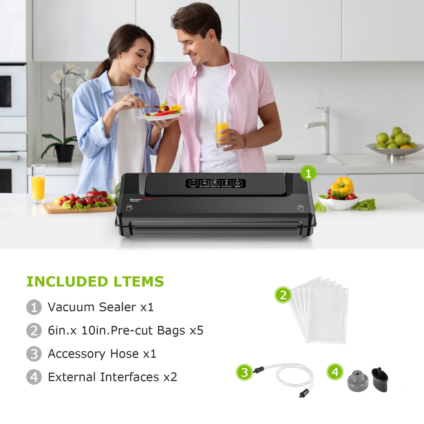 Bonsenkitchen Vacuum Sealer Machine with Bags | Compact Food Sealer for Kitchen Storage & Meal Prep | Multiple Modes | External Vacuum System
