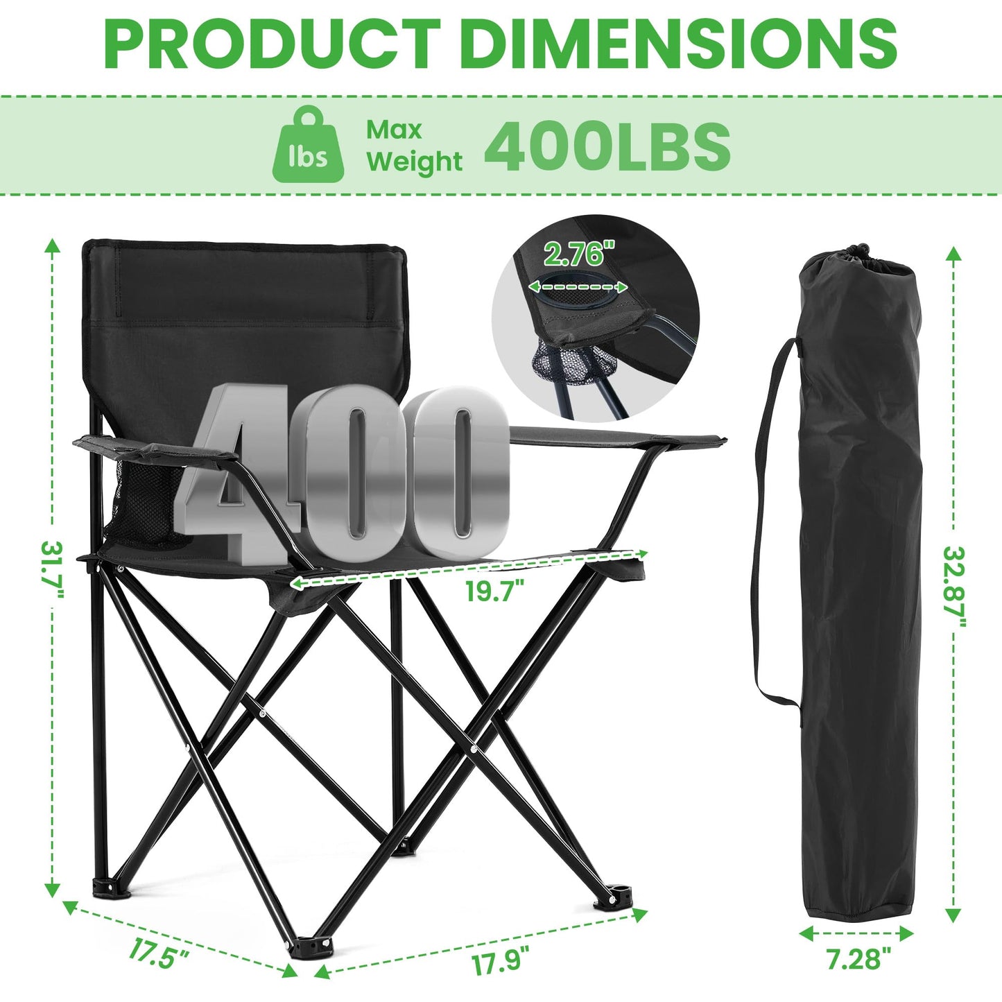 Canpsky 2 Pack Portable Camping Chairs Folding Lawn Chair Outdoor Lightweight Beach Chair with Cup Holder & Carry Bag for Outside Sports, Fishing, Hiking, Travel, Picnic, Backyard (Black-Dark)