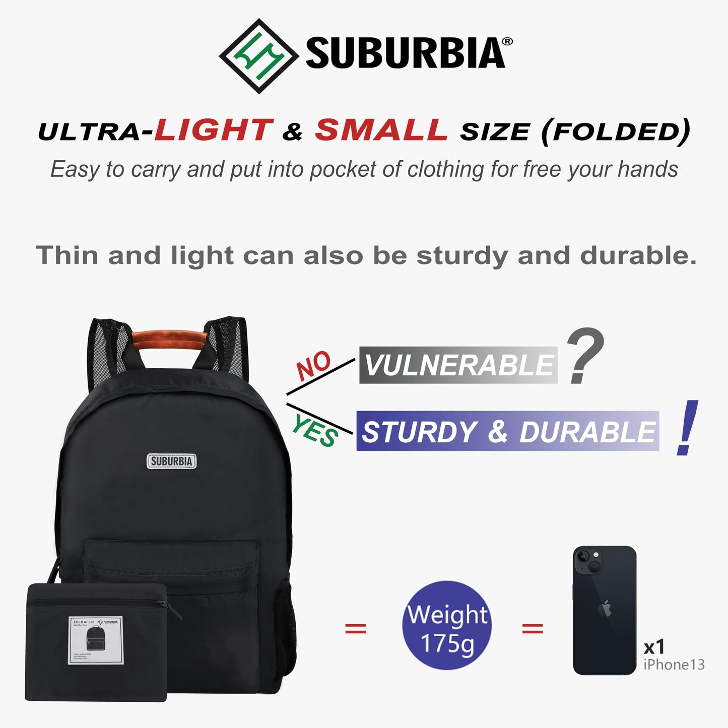 SUBURBIA Travel Backpack for Women Men - Lightweight Foldable Backpack, 18L Small Packable Hiking Backpack, Water Resistant Daypack for Camping, Weenkend, Casual, Dark Grey