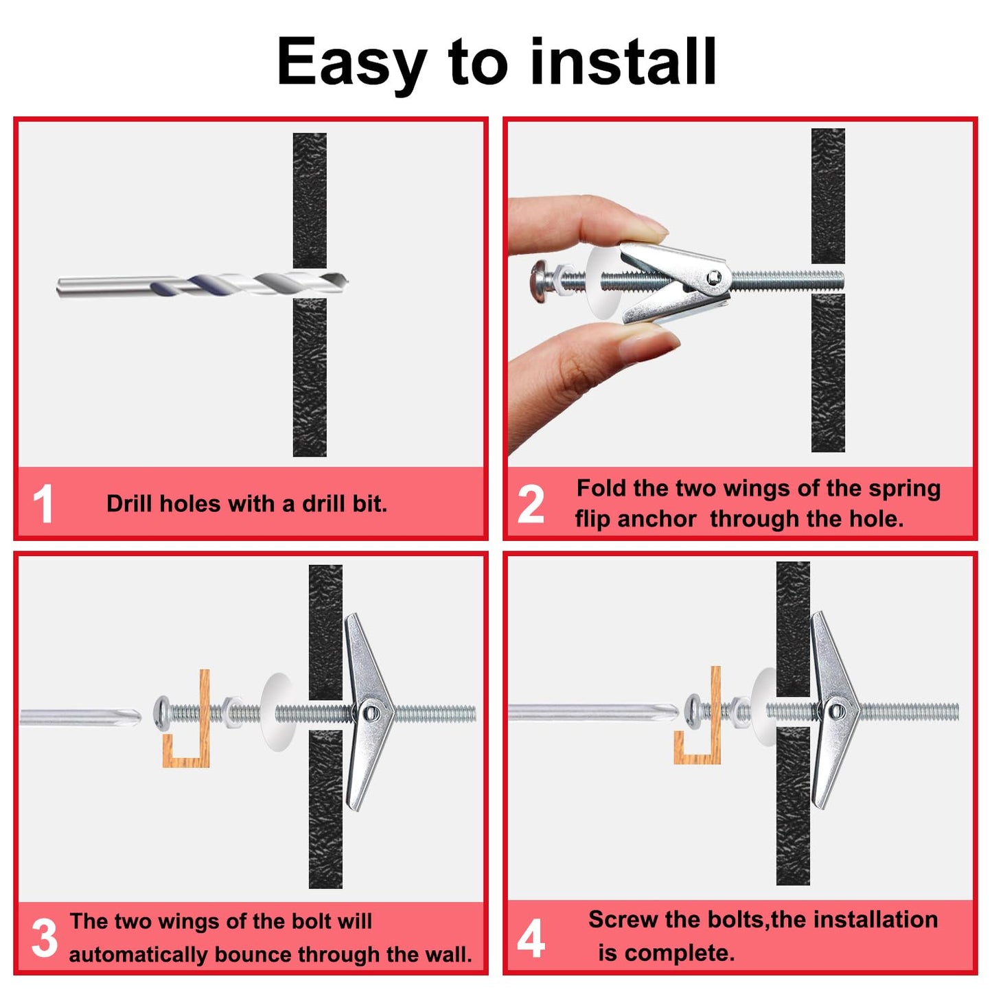 Bemaka 192Pcs 1/8 Inch Toggle Bolts, Heavy Duty Drywall Anchors and Screws Kit, Butterfly Anchors Toggle Bolts and Wing Nut Kit with Nuts Washers for Hollow Wall, Ceiling (48 Sets)