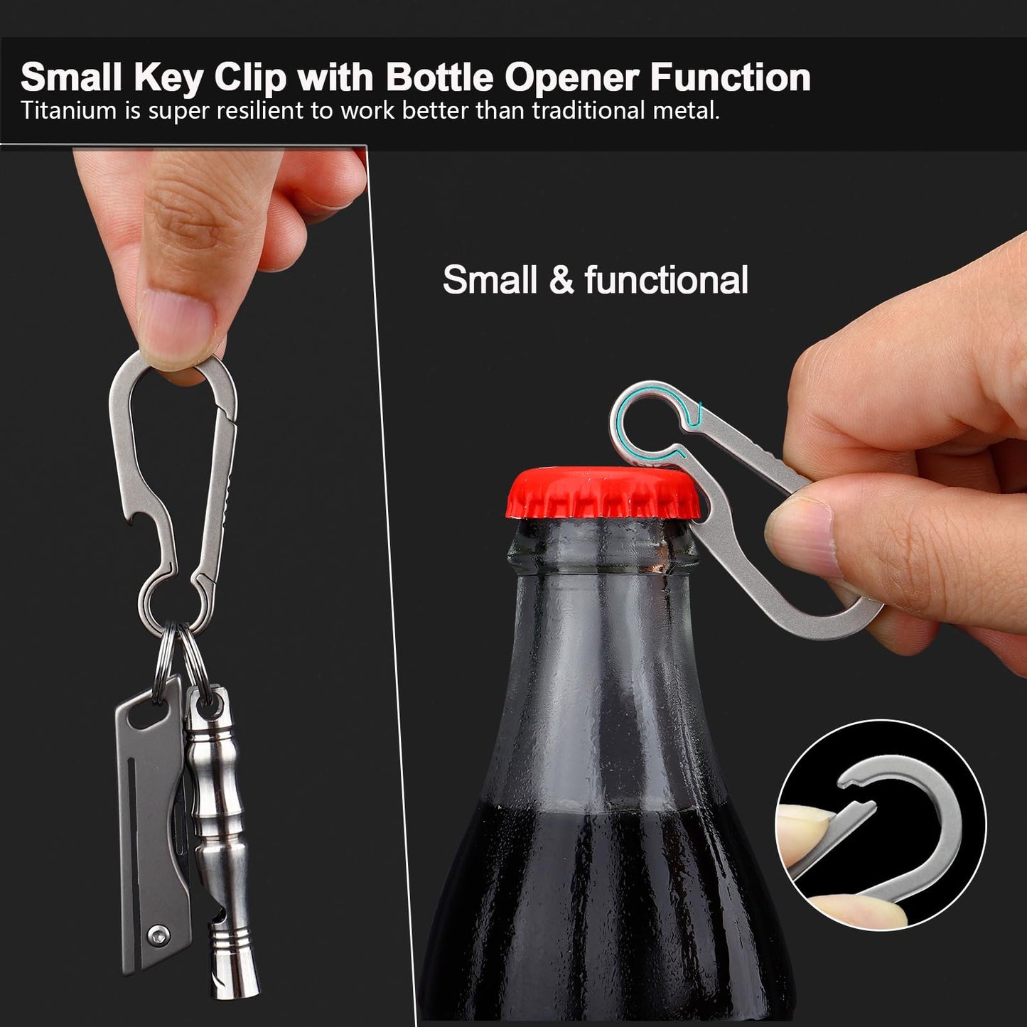 PJYTAC Titanium Carabiner for Keys Small Backpack Clip Black Heavy Duty Keychain Clips Anti-Lost Quick Release Key Chain Bottle Opener