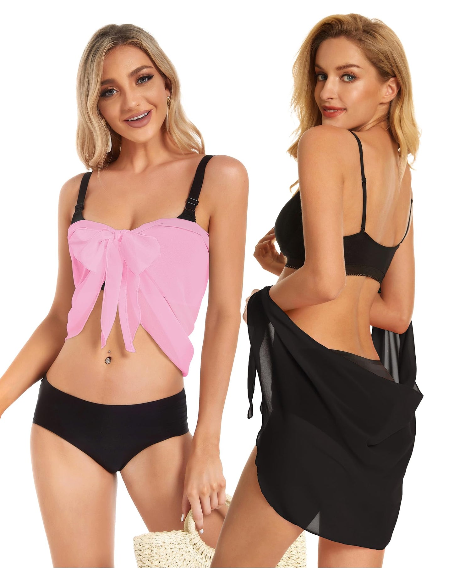 2 Pieces Sarong Cover Ups for Women Beach Bathing Suit Wrap Sheer Short Skirt Bikini Chiffon Scarf for Swimwear (Black and Pink)