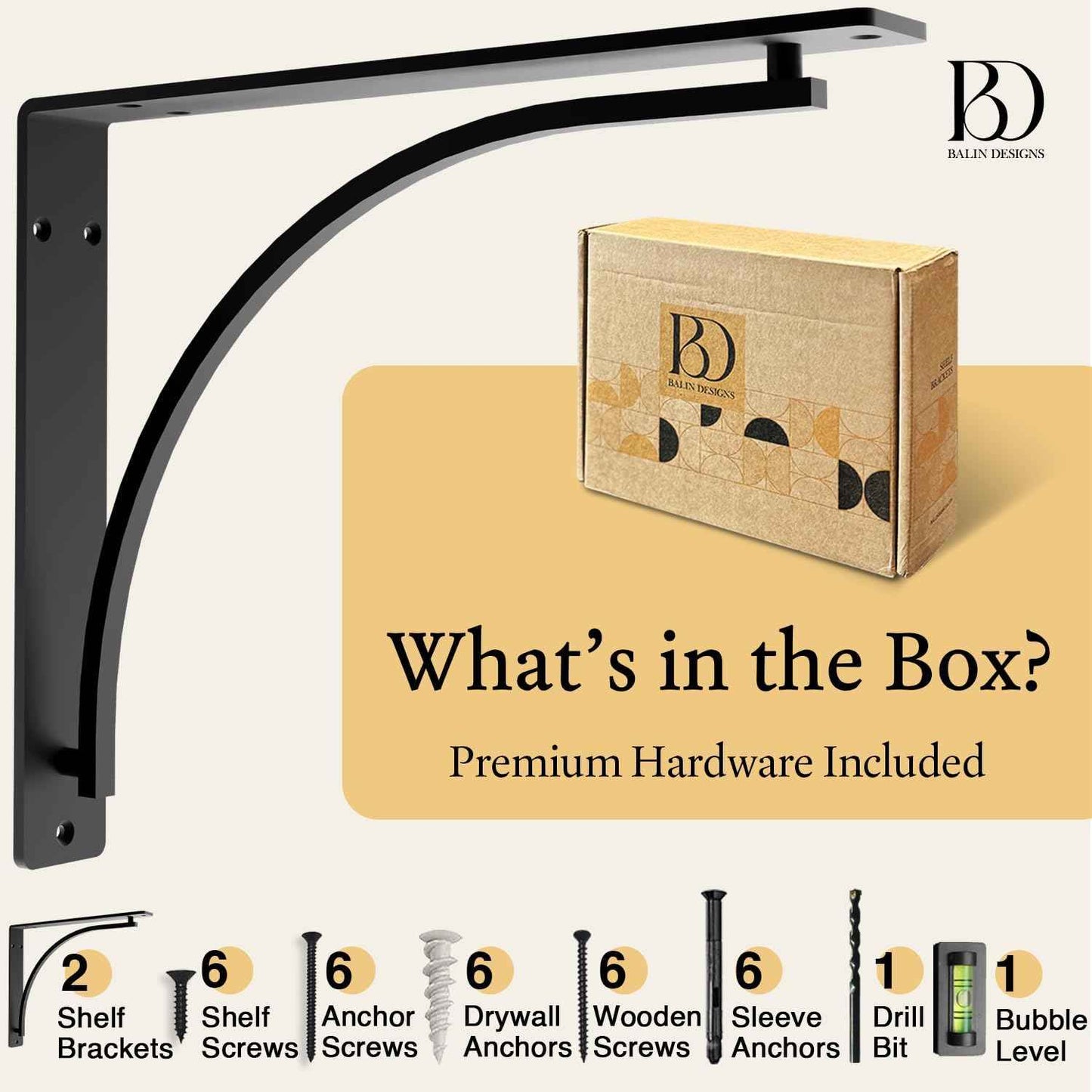 Heavy Duty 8-Inch Black Shelf Brackets - Wall Mounted L Bracket Set of 4 with Hardware