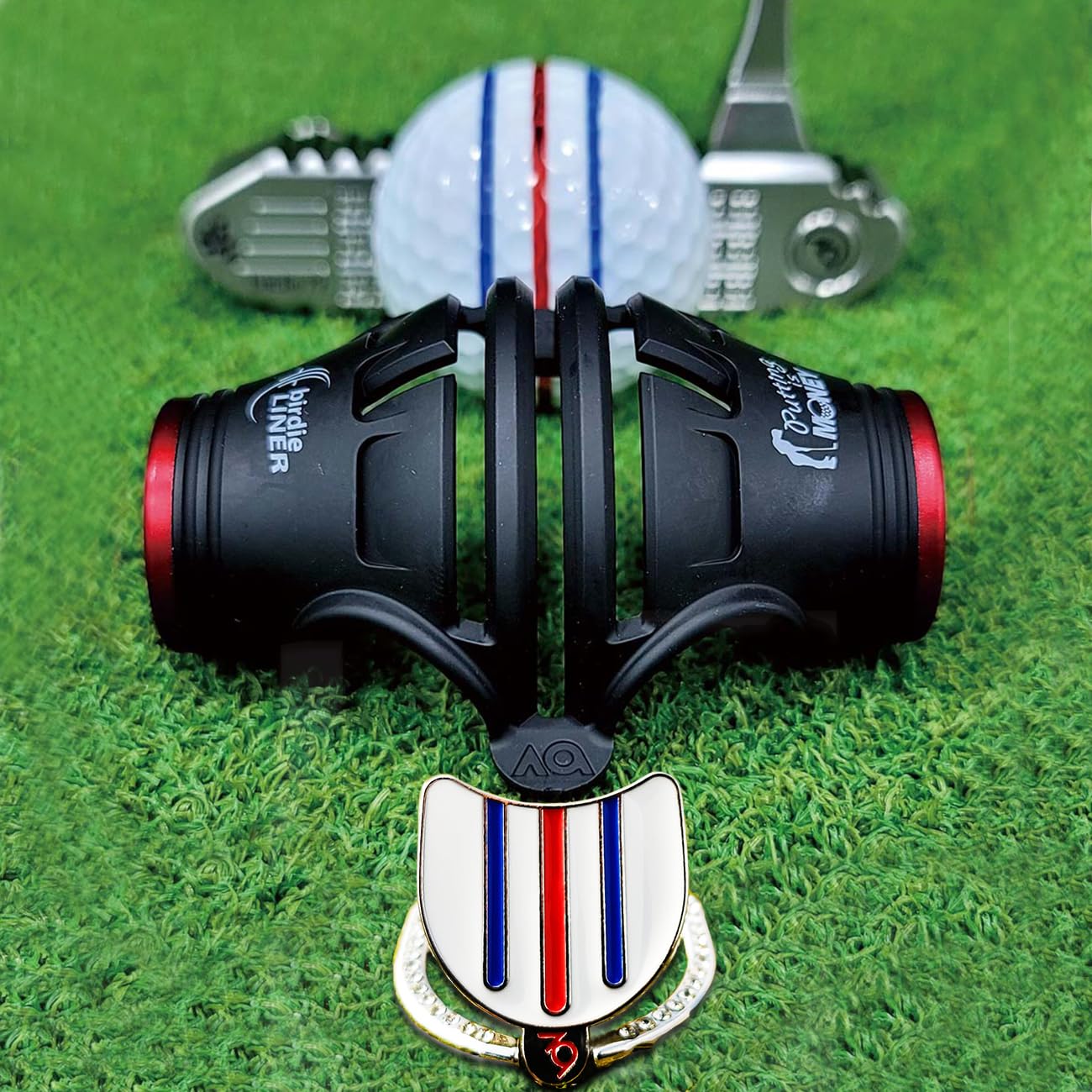BIRDIE79, Golf Ball Line Marker Tool Kit Set. 360 Degree 3-Line Plus Vertical Line Putting Alignment & Triple Track Standing Ball Marker with Adjustable Tilt Angle, Confidence Liner Accessories.